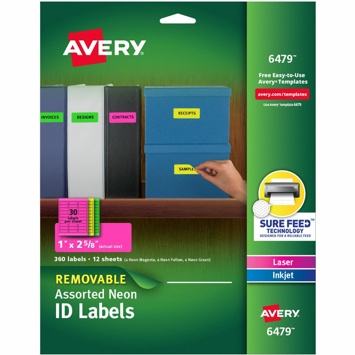 Avery®  Multipurpose Label - 1" Width x 2 5/8" Length - Removable Adhesive - Rectangle - Inkjet, Laser - Neon Green, Neon Magenta, Neon Yellow - Paper - 30 / Sheet - 12 Total Sheets - 360 Total Label(s) - 360 / Pack