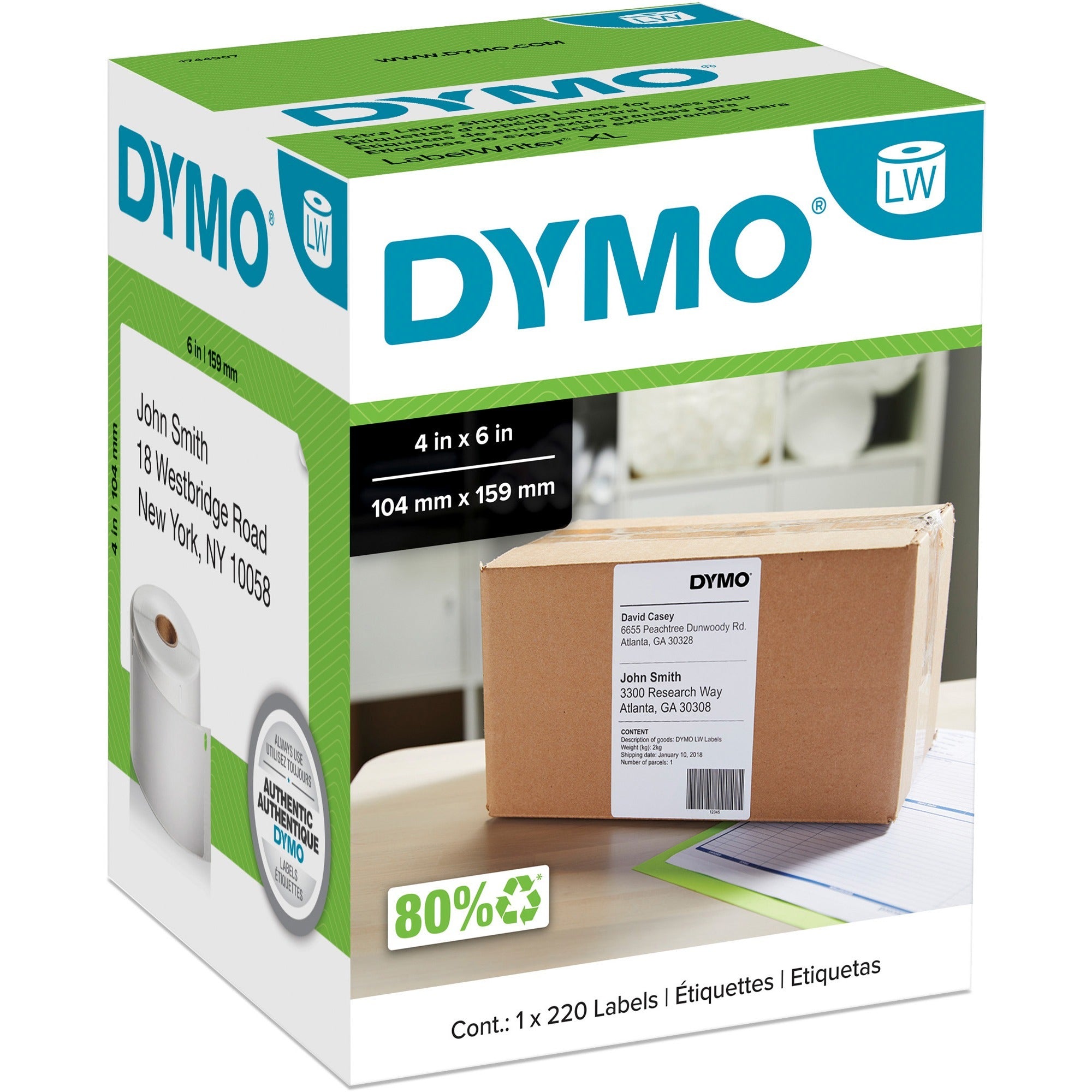 Dymo LabelWriter 4XL Extra Large Shipping Labels - 4" Width x 6" Length - Rectangle - Thermal Transfer - White - 220 / Roll - 220 / Roll