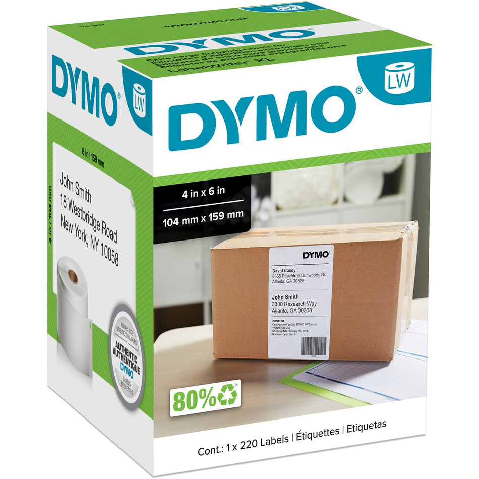 Dymo LabelWriter 4XL Extra Large Shipping Labels - 4" Width x 6" Length - Rectangle - Thermal Transfer - White - 220 / Roll - 220 / Roll