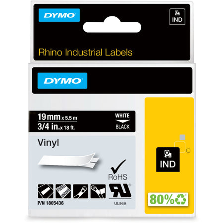 Dymo Colored 3/4" Vinyl Label Tape - 15/32" Width - Permanent Adhesive - Thermal Transfer - White - Vinyl - Water Resistant - Self-adhesive, Oil Resistant, Chemical Resistant, Corrosion Resistant, Temperature Resistant - 1 Each