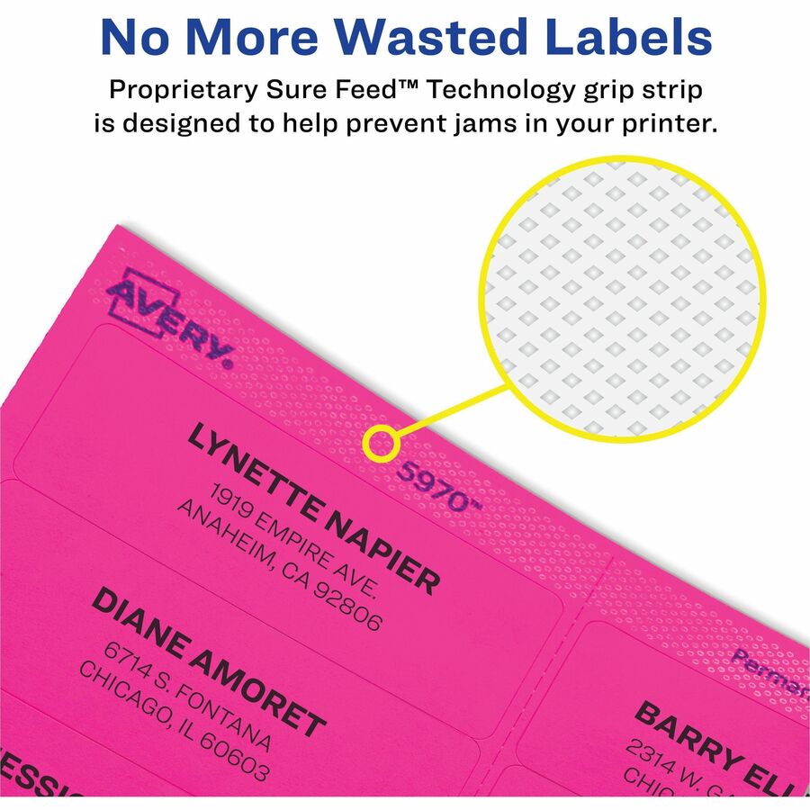 Avery®  ID Labels - 3 21/64" Width x 4" Length - Removable Adhesive - Rectangle - Inkjet, Laser - Neon Green, Neon Magenta, Neon Yellow - Paper - 6 / Sheet - 12 Total Sheets - 120 Total Label(s) - 72 / Pack