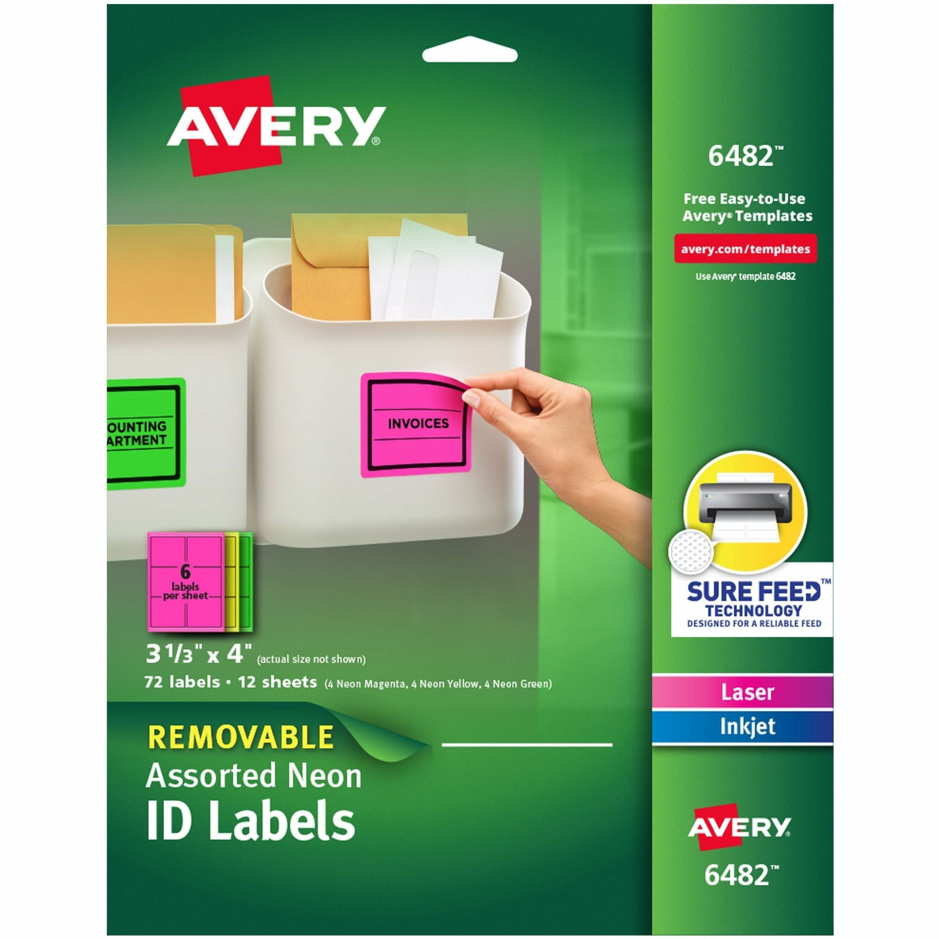 Avery®  ID Labels - 3 21/64" Width x 4" Length - Removable Adhesive - Rectangle - Inkjet, Laser - Neon Green, Neon Magenta, Neon Yellow - Paper - 6 / Sheet - 12 Total Sheets - 120 Total Label(s) - 72 / Pack