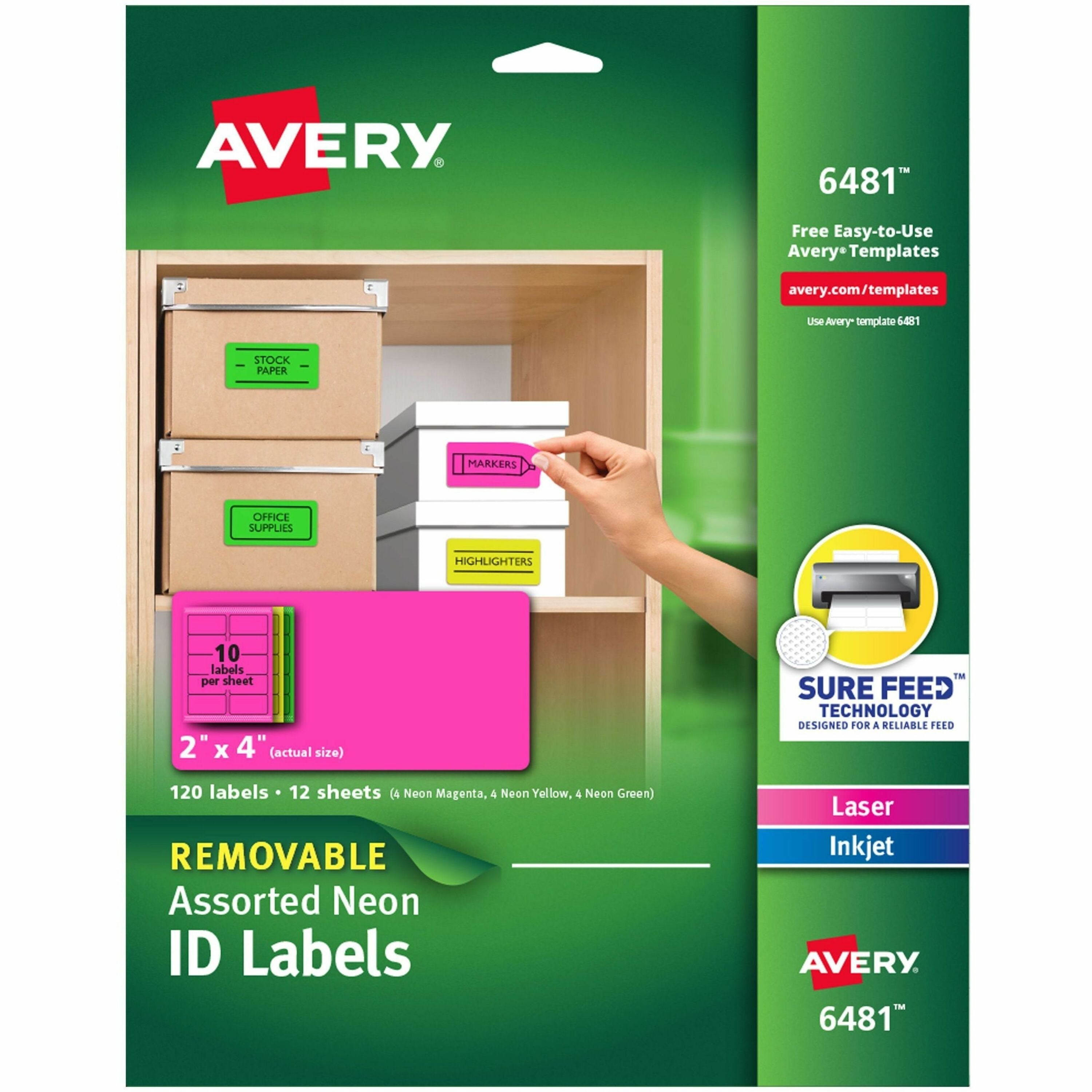 Avery®  Multipurpose Labels - 2" Width x 4" Length - Removable Adhesive - Rectangle - Inkjet, Laser - Neon Green, Neon Magenta, Neon Yellow - Paper - 10 / Sheet - 12 Total Sheets - 120 Total Label(s) - 120 / Pack