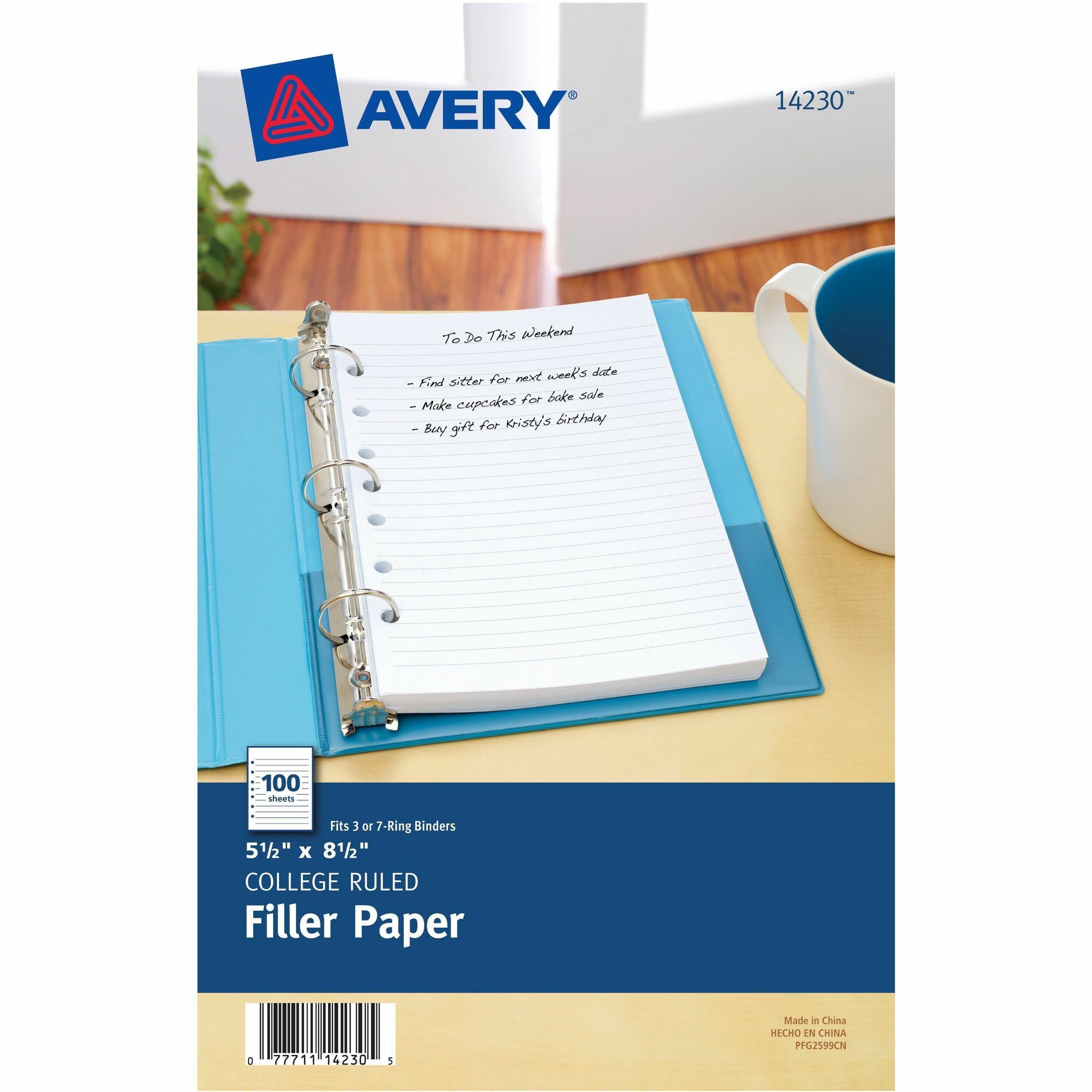 Avery®  Filler Paper 5�" x 8�" - 100 Sheets - College Ruled Front Ruling - 7 Hole(s) - 5 1/2" x 8 1/2" Sheet Size - White Paper - Mediumweight, Punched - 100 / Pack