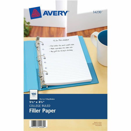 Avery®  Filler Paper 5�" x 8�" - 100 Sheets - College Ruled Front Ruling - 7 Hole(s) - 5 1/2" x 8 1/2" Sheet Size - White Paper - Mediumweight, Punched - 100 / Pack
