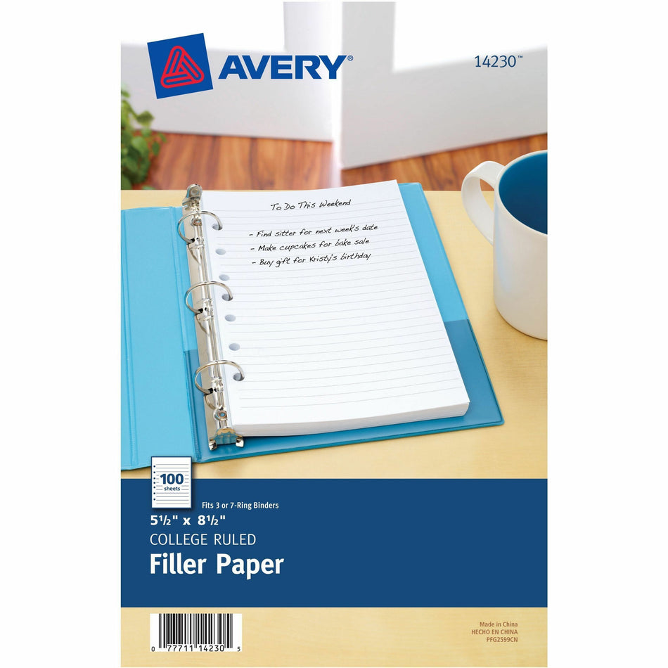 Avery®  Filler Paper 5�" x 8�" - 100 Sheets - College Ruled Front Ruling - 7 Hole(s) - 5 1/2" x 8 1/2" Sheet Size - White Paper - Mediumweight, Punched - 100 / Pack