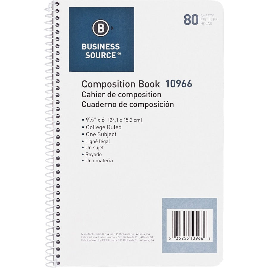 Business Source College Ruled Composition Books - 80 Sheets - Wire Bound - 16 lb Basis Weight - 6" x 9 1/2" Sheet Size - White Paper - Stiff-back - 1 Each