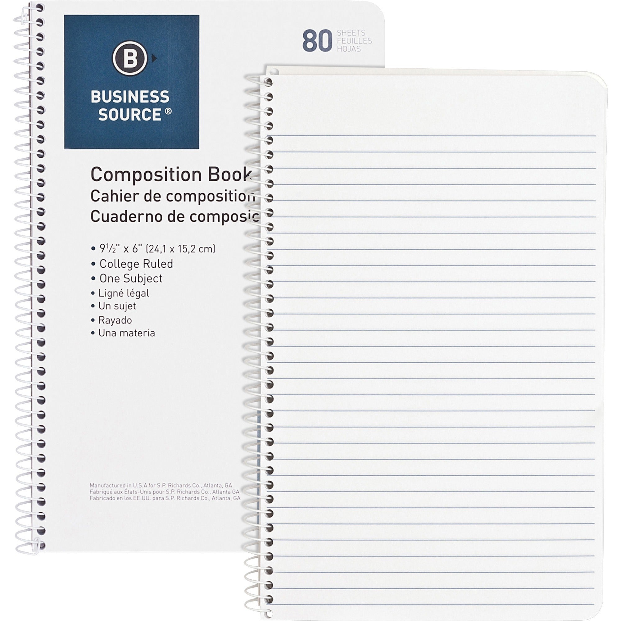 Business Source College Ruled Composition Books - 80 Sheets - Wire Bound - 16 lb Basis Weight - 6" x 9 1/2" Sheet Size - White Paper - Stiff-back - 1 Each
