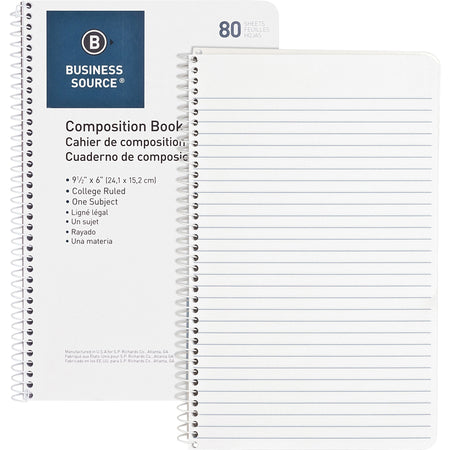 Business Source College Ruled Composition Books - 80 Sheets - Wire Bound - 16 lb Basis Weight - 6" x 9 1/2" Sheet Size - White Paper - Stiff-back - 1 Each