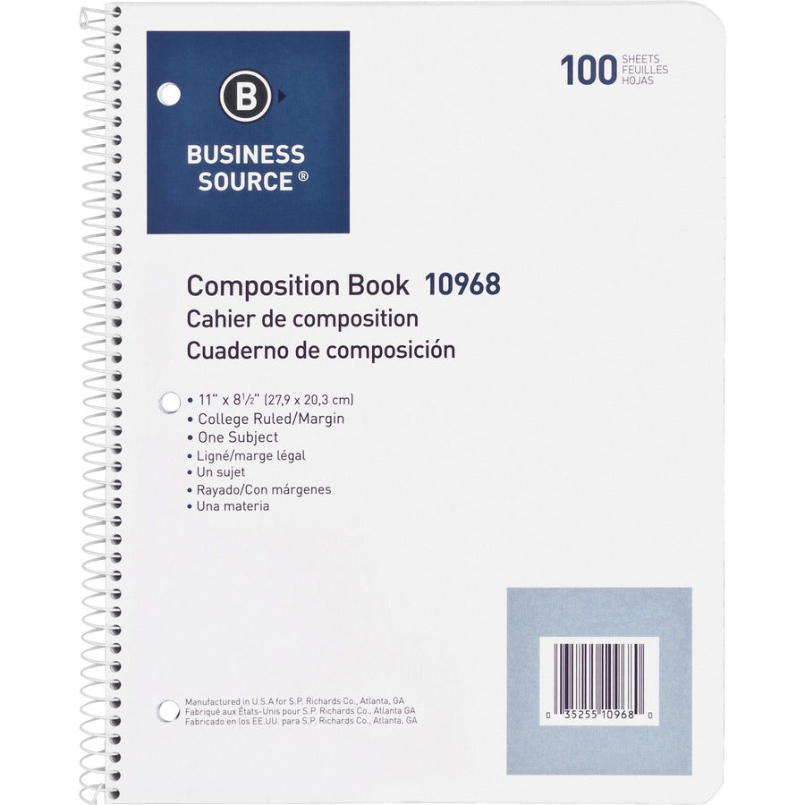 Business Source Wirebound College Ruled Notebooks - Letter - 100 Sheets - Wire Bound - 16 lb Basis Weight - Letter - 8 1/2" x 11" Sheet Size - White Paper - Stiff-back - 1 Each