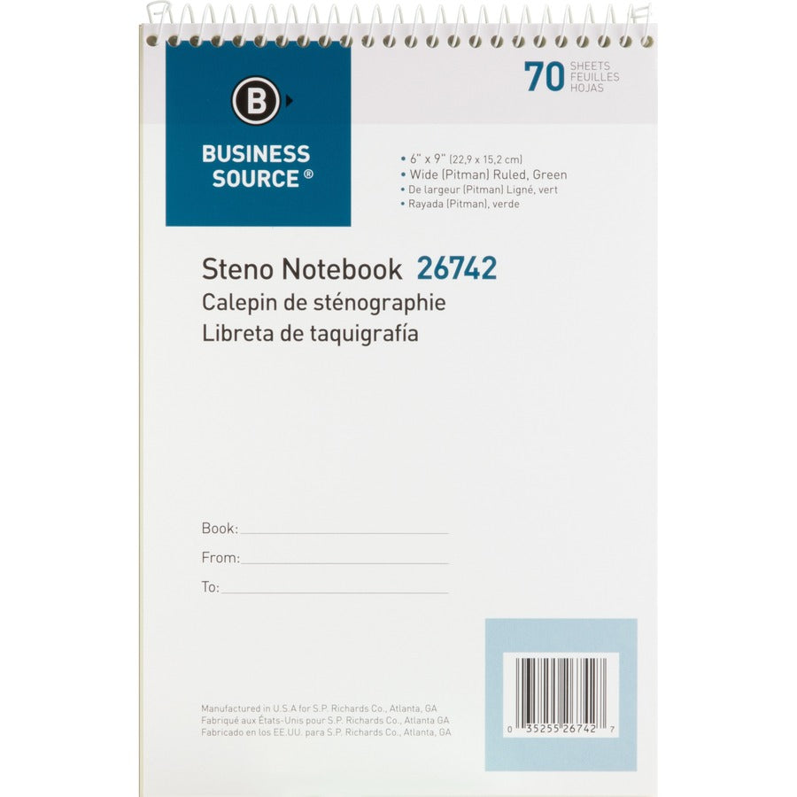 Business Source Steno Notebook - 70 Sheets - Wire Bound - Pitman Ruled Margin - 6" x 9" Sheet Size - Green Paper - Stiff-back - 1 Each
