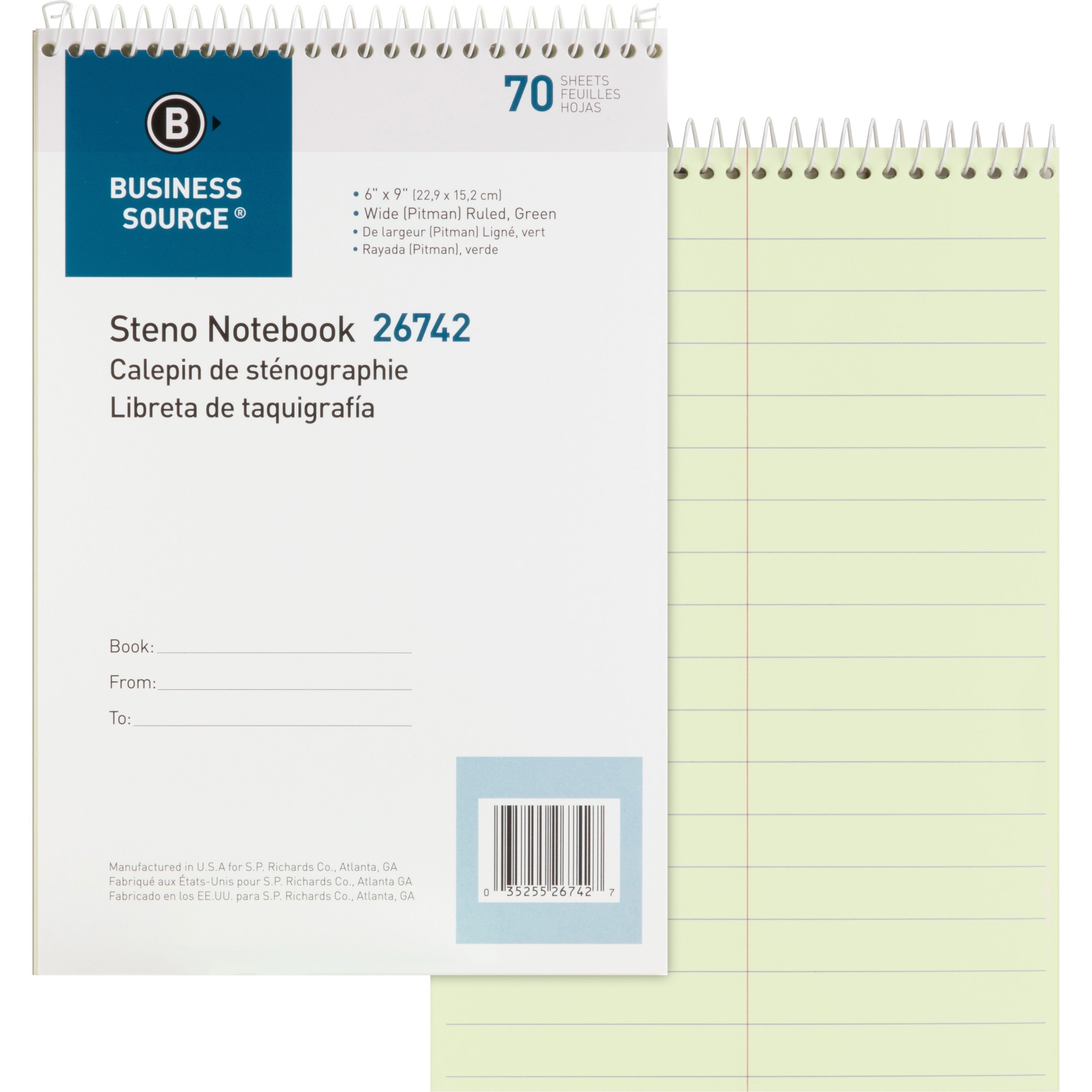 Business Source Steno Notebook - 70 Sheets - Wire Bound - Pitman Ruled Margin - 6" x 9" Sheet Size - Green Paper - Stiff-back - 1 Each