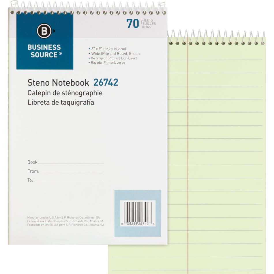 Business Source Steno Notebook - 70 Sheets - Wire Bound - Pitman Ruled Margin - 6" x 9" Sheet Size - Green Paper - Stiff-back - 1 Each