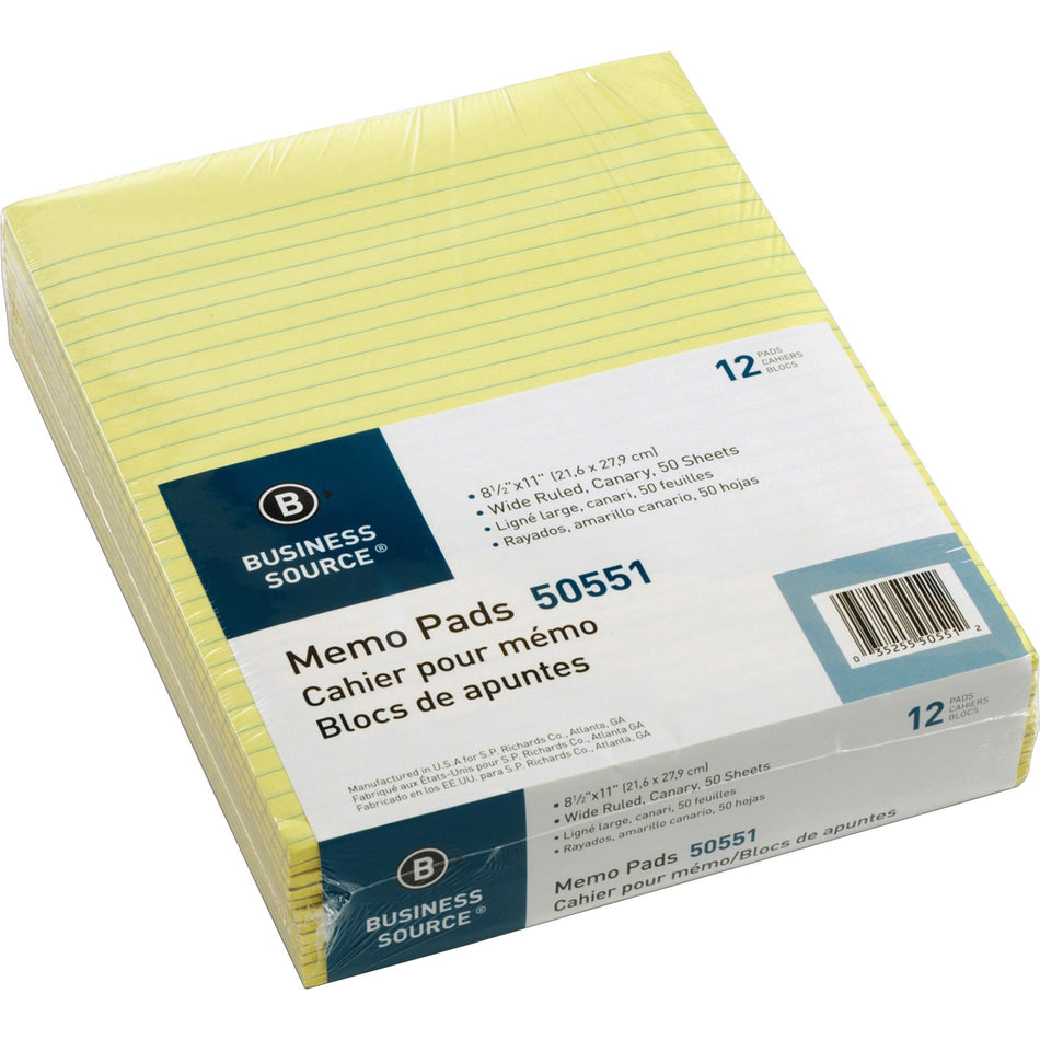 Business Source Glued Top Ruled Memo Pads - Letter - 50 Sheets - Glue - 16 lb Basis Weight - Letter - 8 1/2" x 11" Sheet Size - Canary Paper - 1 Dozen