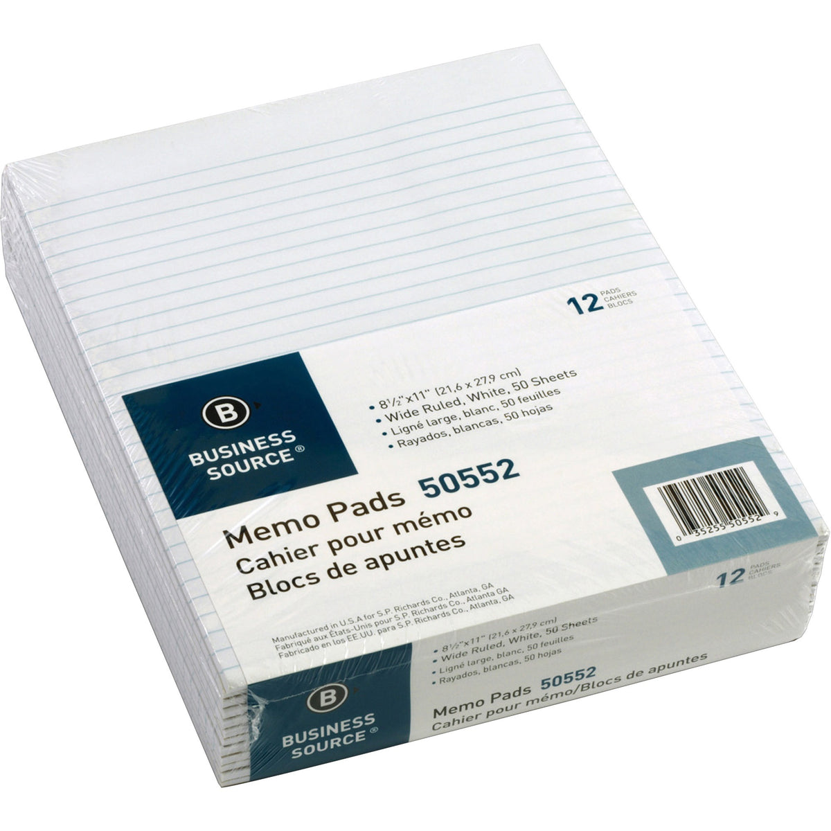 Business Source Glued Top Ruled Memo Pads - Letter - 50 Sheets - Glue - Wide Ruled Front Ruling - 16 lb Basis Weight - Letter - 8 1/2" x 11" Sheet Size - White Paper - 1 Dozen