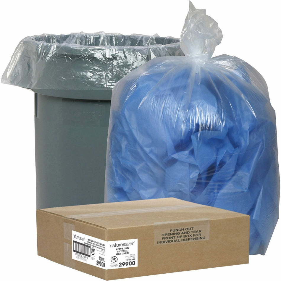 Nature Saver Recycled Trash Can Liners - Medium Size - 33 gal Capacity - 39" Length x 33" Width x 1.25 mil (32 Micron) Thickness - Low Density - Clear - Pilferage Control - Recycled - 100 / Carton