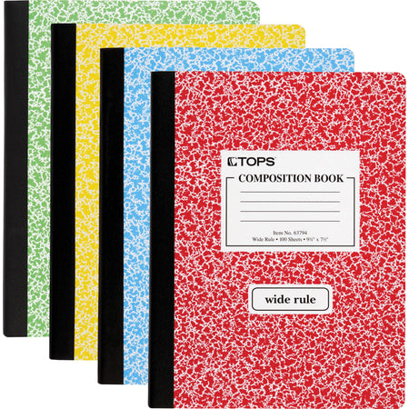 TOPS Wide Ruled Composition Books - 100 Sheets - 200 Pages - Sewn - Wide Ruled Front Ruling - Ruled Red Margin - 7 1/2" x 9 3/4" Sheet Size - White Paper - Assorted Marble Hardboard Cover - 1 Each