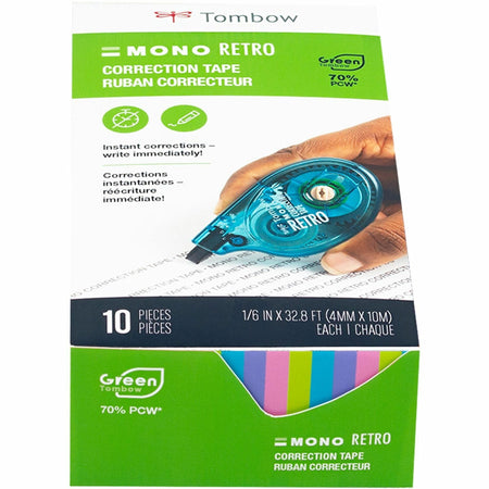 Tombow Mono Correction Tape Retro Applicator Pack - 0.17" Tape Width x 32.83 ft Tape Length - 1 Line(s) - White Tape - Break Resistant, Non-refillable - White - 10 / Pack