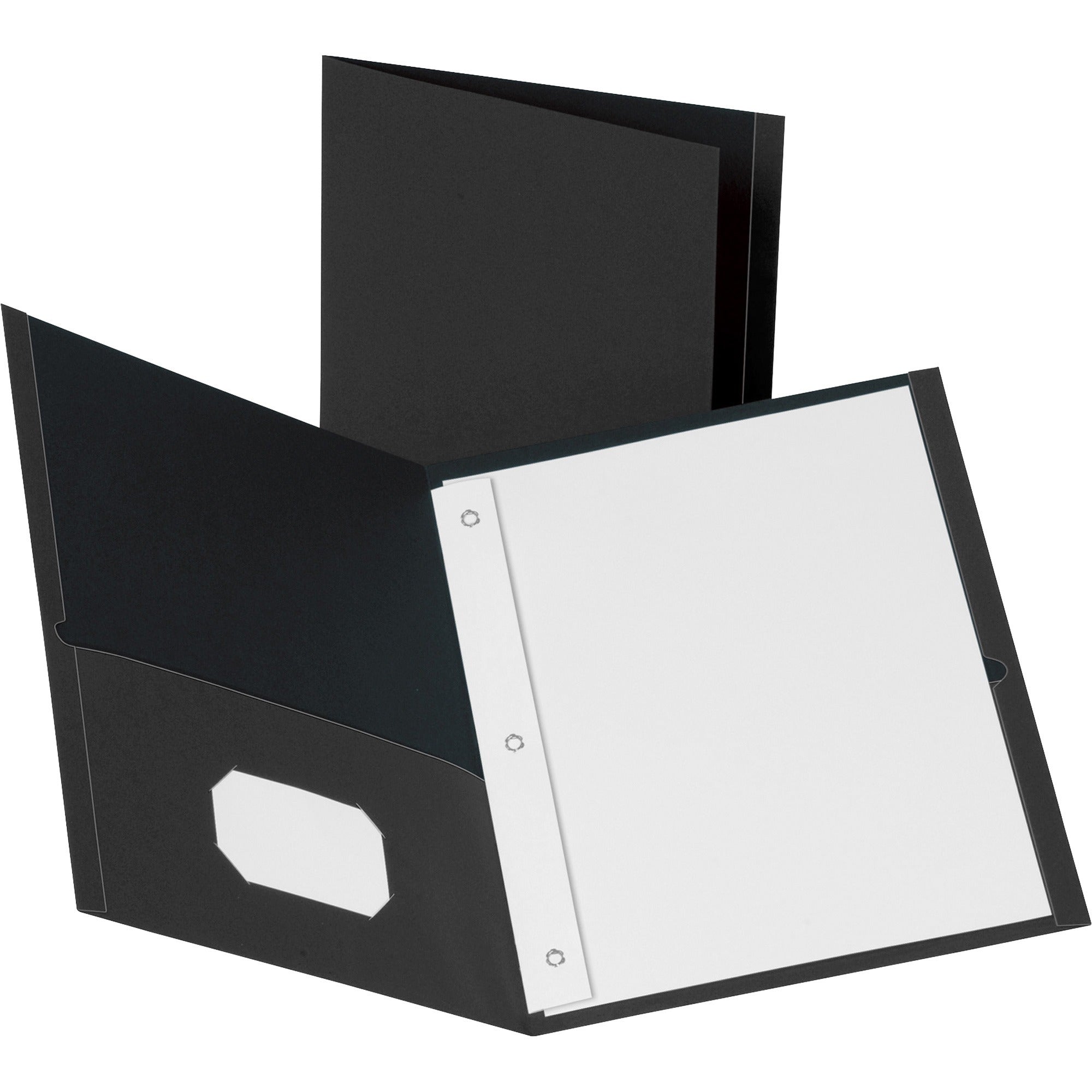 Business Source Letter Recycled Pocket Folder - 8 1/2" x 11" - 100 Sheets Capacity - 3 x Prong Fastener(s) - 2 Inside Front & Back Pocket(s) - Leatherette - Black - 35% Recycled - 25 / Box