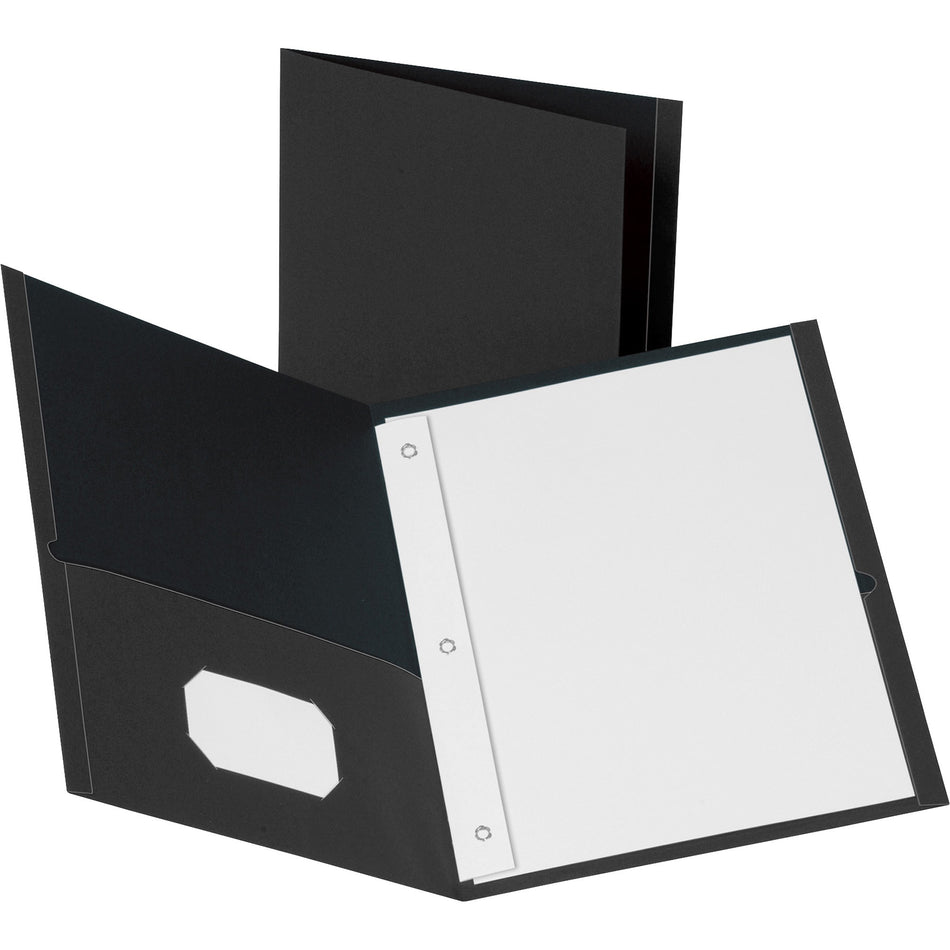 Business Source Letter Recycled Pocket Folder - 8 1/2" x 11" - 100 Sheets Capacity - 3 x Prong Fastener(s) - 2 Inside Front & Back Pocket(s) - Leatherette - Black - 35% Recycled - 25 / Box