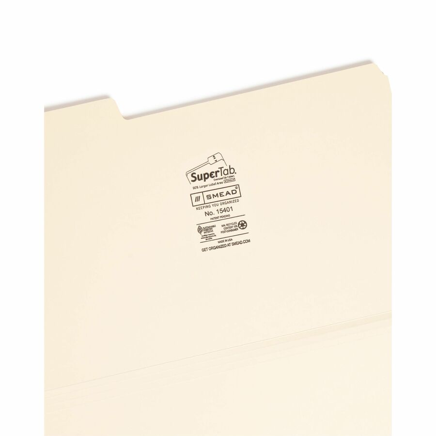 Smead SuperTab 1/3 Tab Cut Legal Recycled Top Tab File Folder - 8 1/2" x 14" - 3/4" Expansion - Top Tab Location - Assorted Tab Position - 14 pt. - 1 Plys - Manila - Durable, Heavyweight - 10% Recycled - 50 / Box