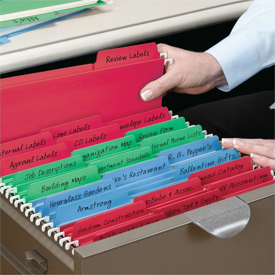 Smead FasTab 1/3 Tab Cut Legal Recycled Hanging Folder - 8 1/2" x 14" - Top Tab Location - Assorted Tab Position - 11 pt. - 2 Plys - Red, Green, Blue - Reinforced Tab, Heavy Duty, Embossed - 10% Recycled - 18 / Box