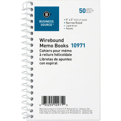 Business Source Side Wirebound Ruled Memo Book - 3’’ x 5’’ - 50 Sheets - Pack of 12 - Notebooks