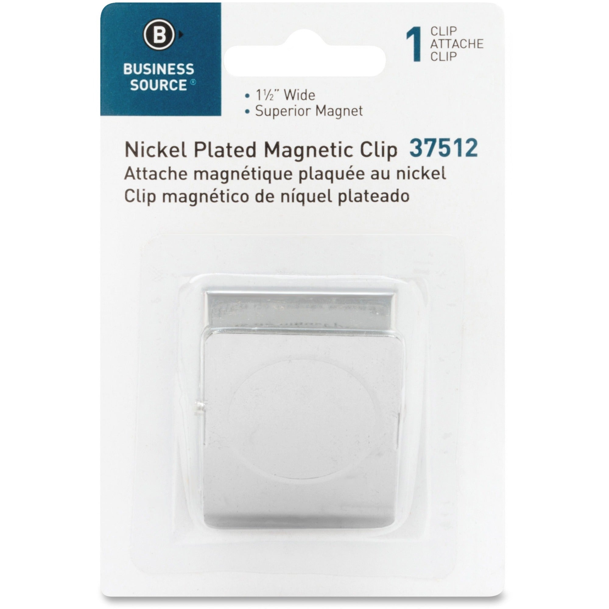 Business Source Nickel Plated Magnetic Clips - 1.5" Length - Chrome - Metal - 1 Each