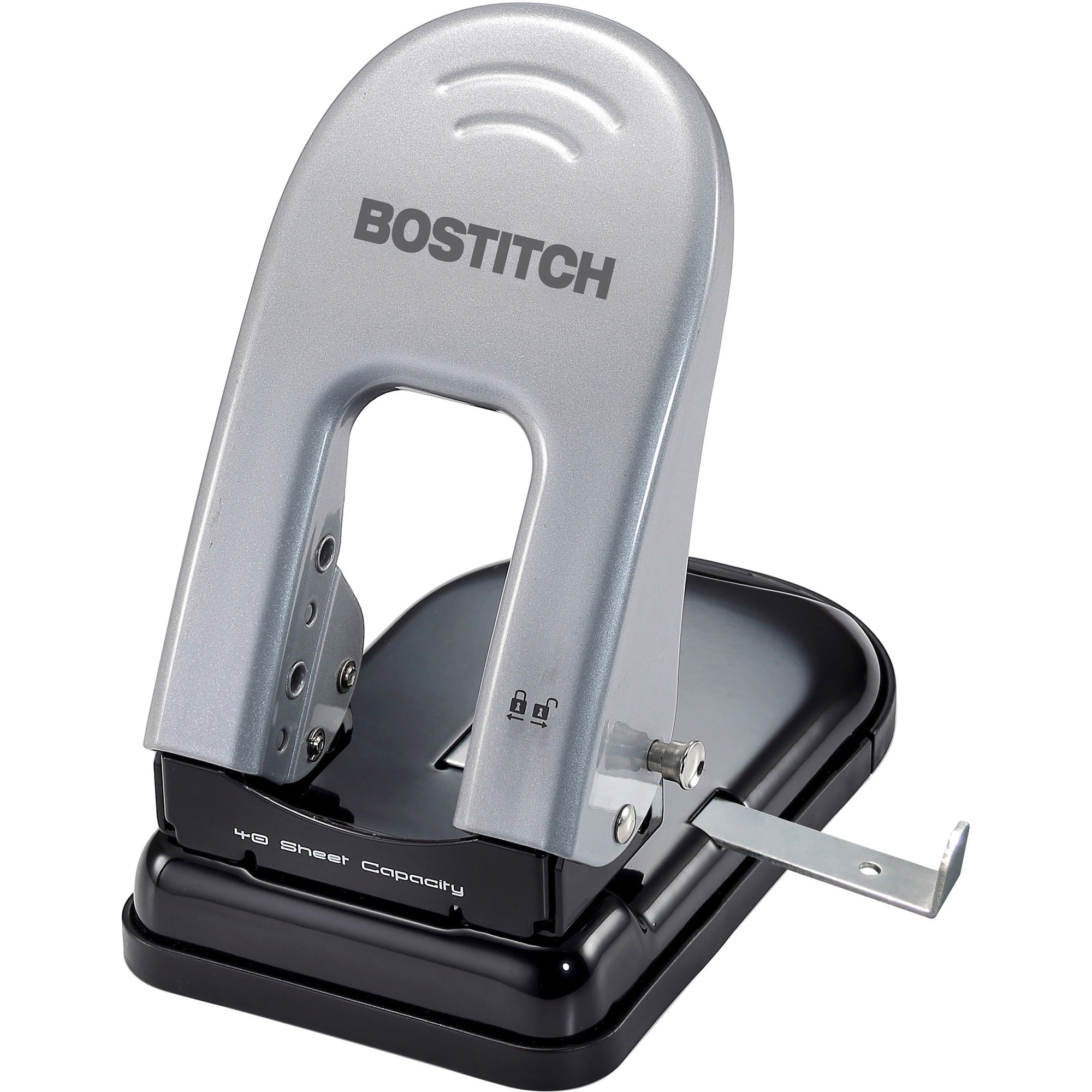 Bostitch EZ Squeeze&trade; 40 Two-Hole Punch - 2 Punch Head(s) - 40 Sheet - 9/32" Punch Size - 6.5" Width x 2.8" Height - Black, Silver