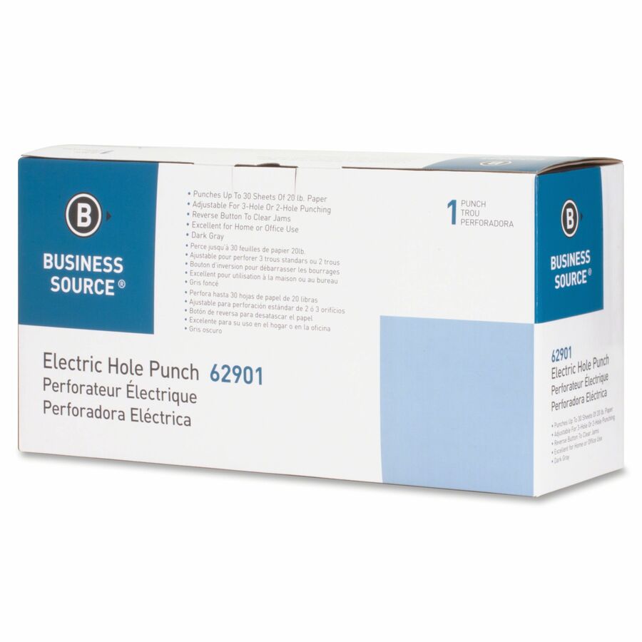 Business Source Electric Adjustable 3-hole Punch - 3 Punch Head(s) - 30 Sheet of 20lb Paper - 1/4" Punch Size - 17.8" Width x 5.3" Depth x 8.3" Height - Gray