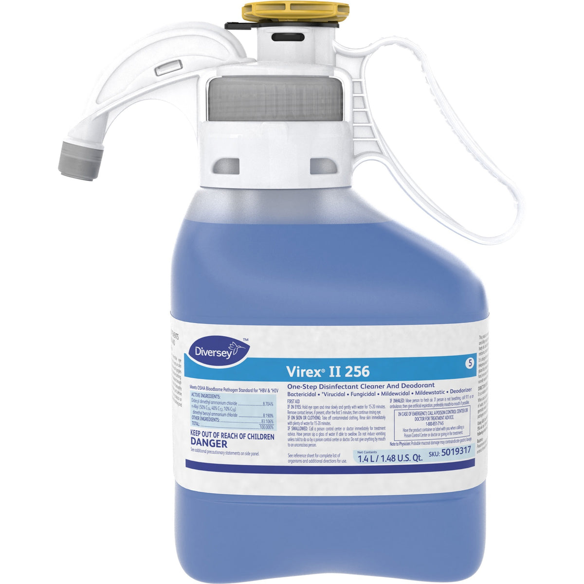 Virex II 256 Diversey Virex II 1-Step Disinfectant Cleaner - For Multi Surface, Multipurpose - Concentrate - 47.3 fl oz (1.5 quart) - Minty Scent - Disinfectant, Deodorant, Antibacterial, Rinse-free - Blue - 1 Each