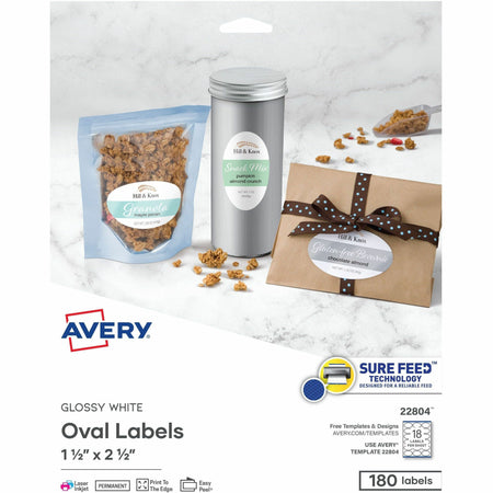 Avery®  Glossy White Oval Labels1�" x 2�" - Waterproof - 1 1/2" Width x 2 1/2" Length - Permanent Adhesive - Oval - Inkjet, Laser - Glossy White - White - Paper - 18 / Sheet - 18 Total Sheets - 180 Total Label(s) - 10 / Pack