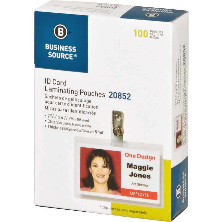 Business Source Government ID Laminating Pouches - Laminating Pouch/Sheet Size: 2.94" Width x 4.13" Length x 5 mil Thickness - for Photo, ID Badge, Recipe - Pre-trimmed - Clear - 100 / Box