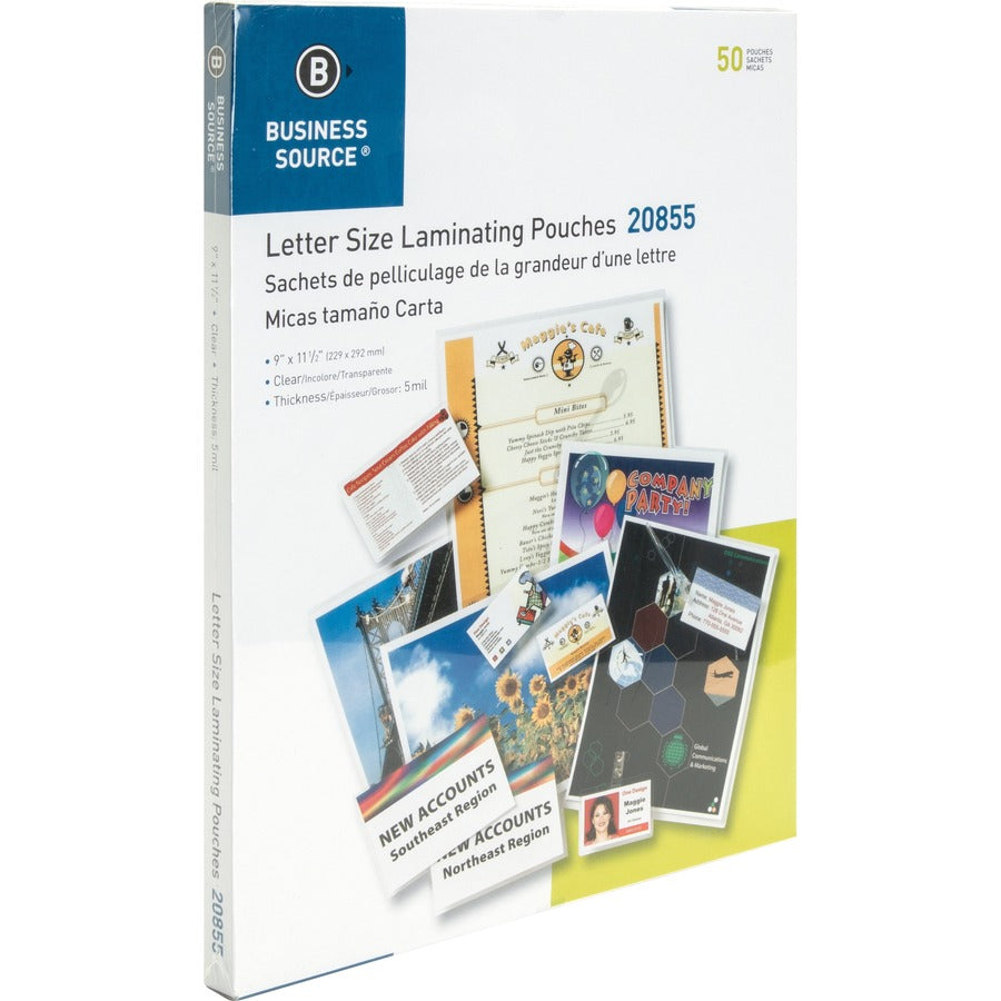 Business Source Letter Size Laminating Pouches - Sheet Size Supported: Letter 8.50" Width x 11" Length - Laminating Pouch/Sheet Size: 9" Width x 11.50" Length x 5 mil Thickness - for Photo, Document, ID Badge, Recipe - Pre-trimmed - Clear - 50 / Box