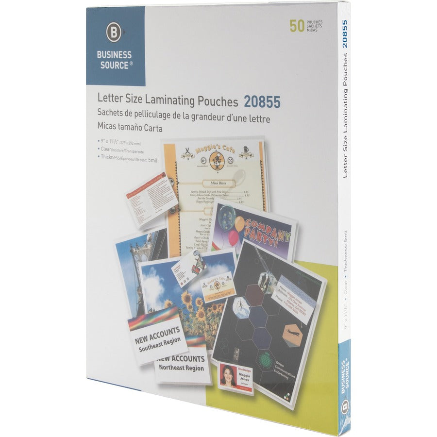 Business Source Letter Size Laminating Pouches - Sheet Size Supported: Letter 8.50" Width x 11" Length - Laminating Pouch/Sheet Size: 9" Width x 11.50" Length x 5 mil Thickness - for Photo, Document, ID Badge, Recipe - Pre-trimmed - Clear - 50 / Box