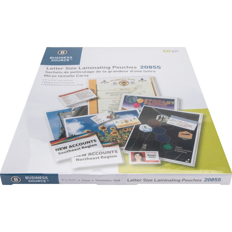 Business Source Letter Size Laminating Pouches - Sheet Size Supported: Letter 8.50" Width x 11" Length - Laminating Pouch/Sheet Size: 9" Width x 11.50" Length x 5 mil Thickness - for Photo, Document, ID Badge, Recipe - Pre-trimmed - Clear - 50 / Box