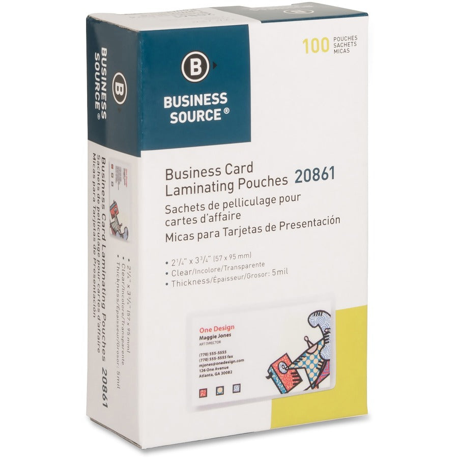 Business Source 5 mil Business Card Laminating Pouches - Laminating Pouch/Sheet Size: 2.25" Width x 3.75" Length x 5 mil Thickness - for Business Card - Pre-trimmed, Moisture Resistant, Fade Resistant - Clear - 100 / Box