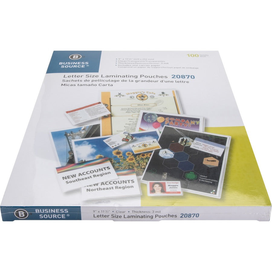 Business Source Letter Size Laminating Pouches - Laminating Pouch/Sheet Size: 9" Width x 11.50" Length x 3 mil Thickness - for Document, ID Badge, Menu, Photo - Clear - 100 / Box