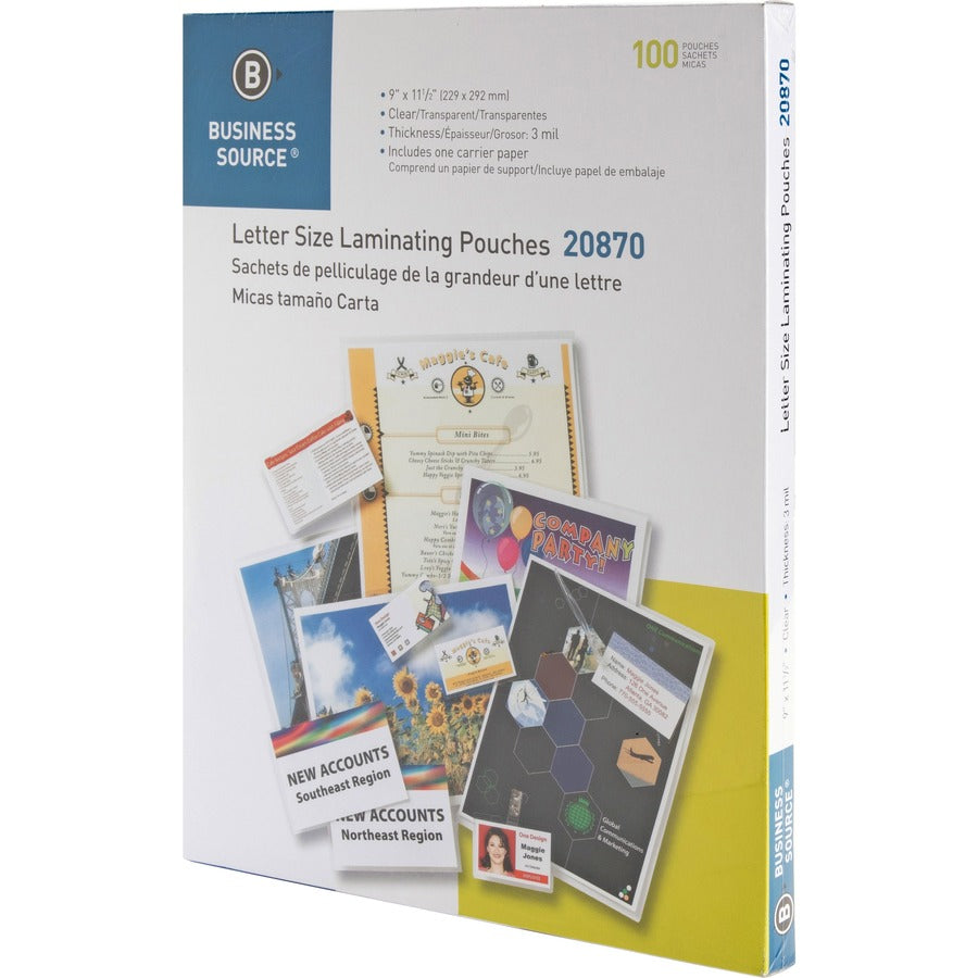 Business Source Letter Size Laminating Pouches - Laminating Pouch/Sheet Size: 9" Width x 11.50" Length x 3 mil Thickness - for Document, ID Badge, Menu, Photo - Clear - 100 / Box