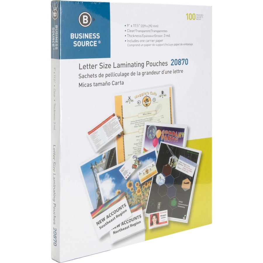Business Source Letter Size Laminating Pouches - Laminating Pouch/Sheet Size: 9" Width x 11.50" Length x 3 mil Thickness - for Document, ID Badge, Menu, Photo - Clear - 100 / Box
