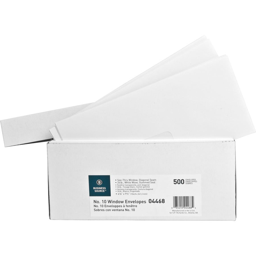 Business Source No. 10 Diagonal Seam Window Envelopes - Single Window - #10 - 4 1/8" Width x 9 1/2" Length - 24 lb - Gummed - White - Wove - 500 / Box