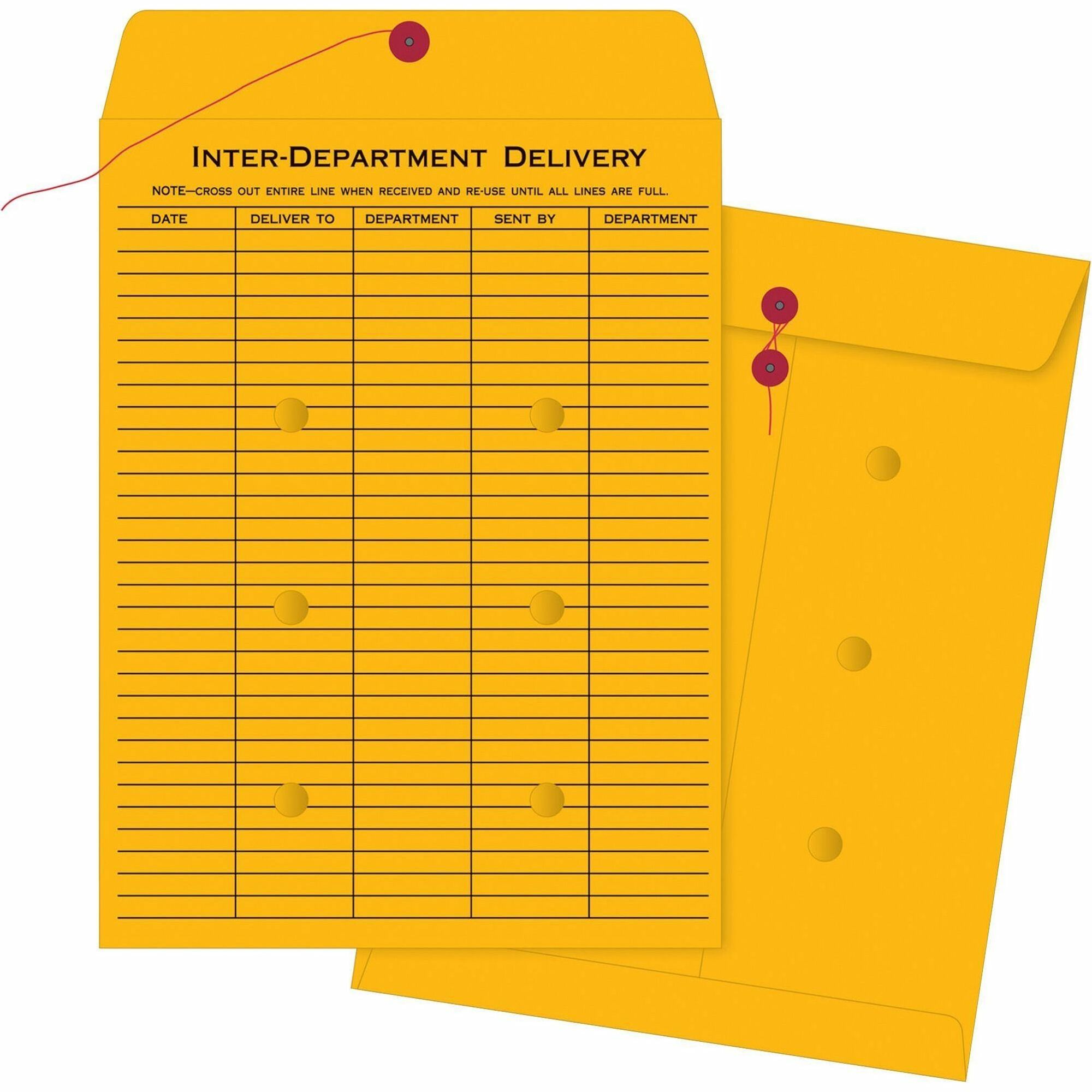 Business Source Ruled Interdepartmental Envelopes - Inter-department - #32 - 10" Width x 15" Length - 32 lb - String/Button - Brown Kraft - Kraft - 100 / Box