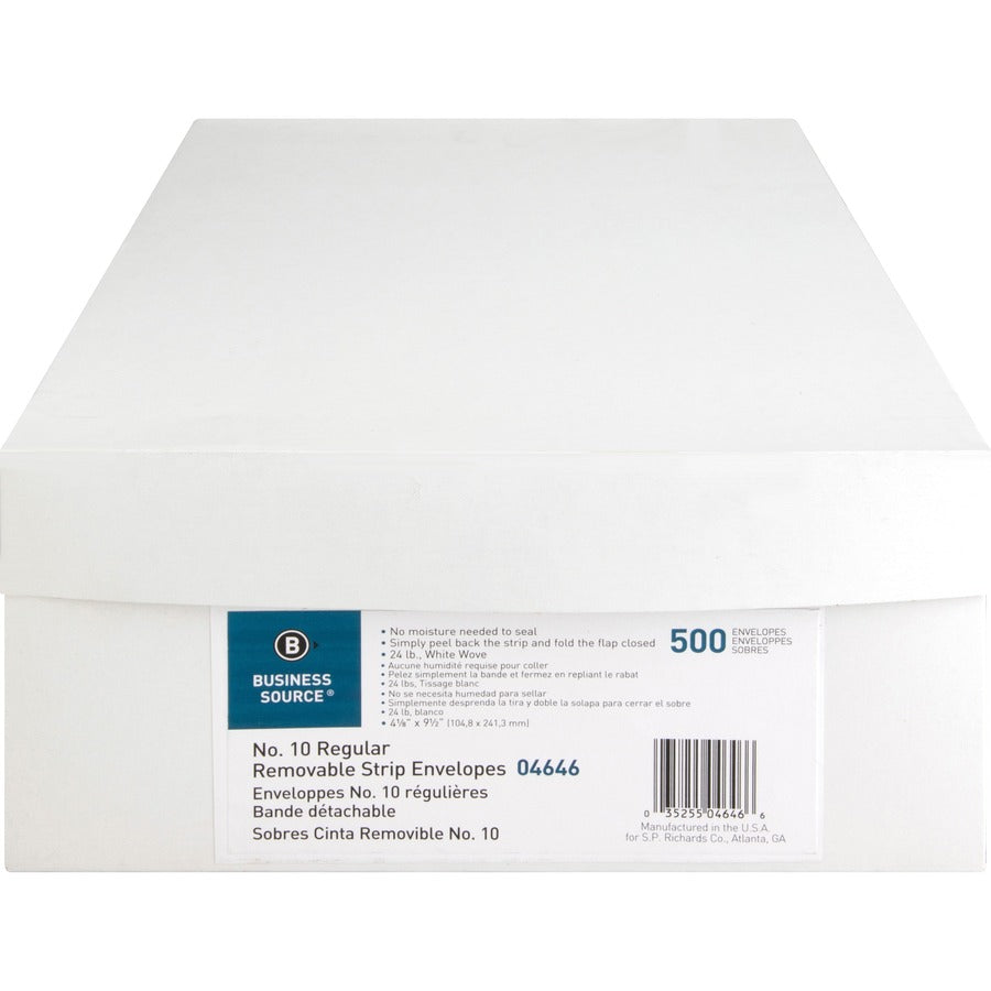 Business Source Plain Peel/Seal Business Envelopes - Business - #10 - 9 1/2" Width x 4 1/8" Length - 24 lb - Peel & Seal - White - Wove - 500 / Box