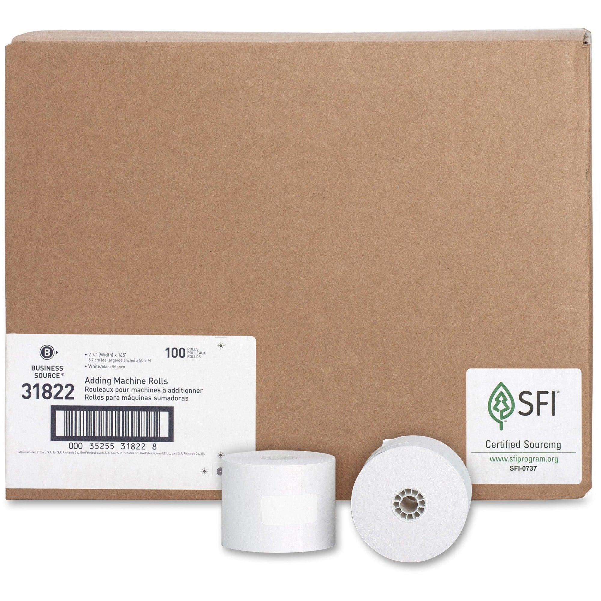 Business Source 1-Ply 2-1/4"x165' Adding Machine Rolls - 2 1/4" x 165 ft - 13.80 lb Basis Weight - Sustainable Forestry Initiative (SFI) - Lint-free - White - 100 / Carton