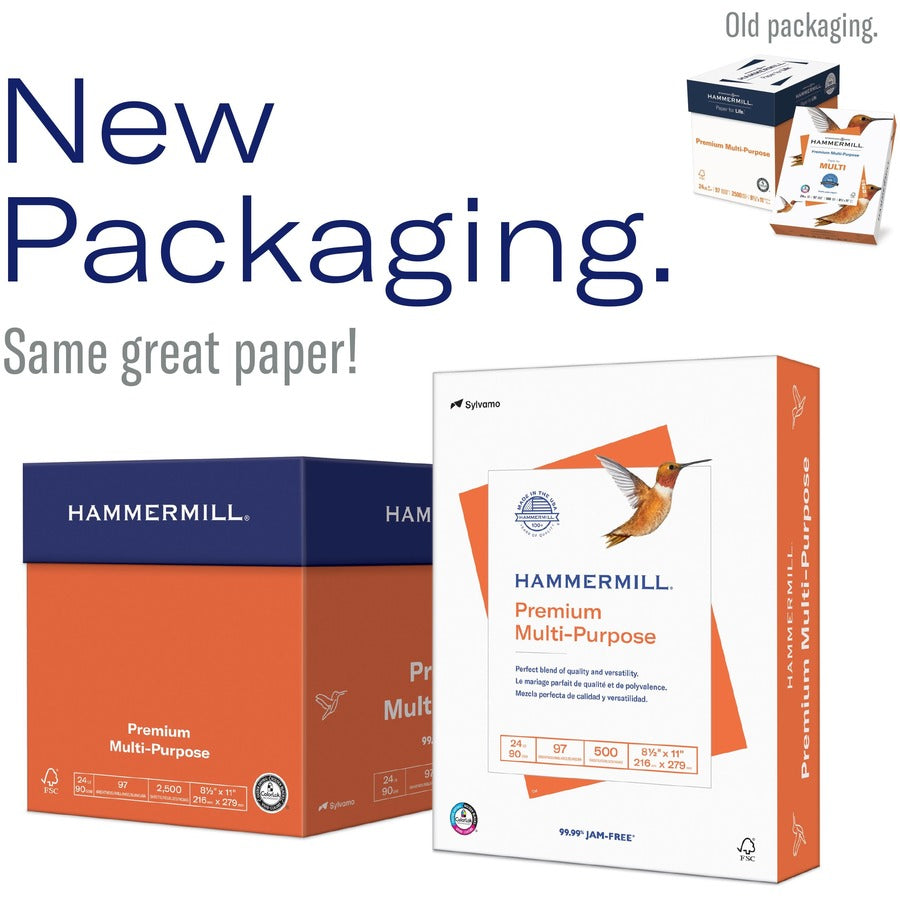 Hammermill Premium Multipurpose Paper - White - 97 Brightness - Letter - 8 1/2" x 11" - 20 lb Basis Weight - Smooth - Jam-free, Archival-safe, Acid-free - White - 500 Sheets per Ream - 10 / Carton