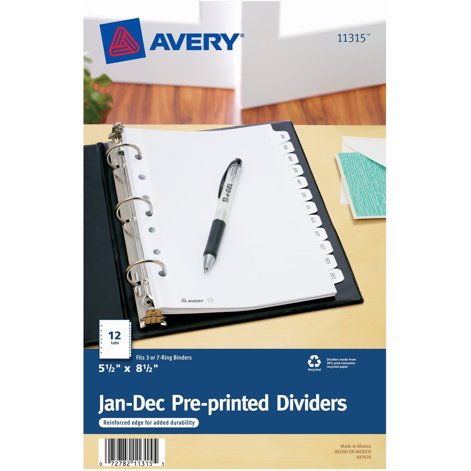 Avery® Monthly Preprinted Tab Dividers - 12 x Divider(s) - Jan-Dec - 12 Tab(s)/Set - 5.5" Divider Width x 8.50" Divider Length - 7 Hole Punched - White Paper Divider - White Paper Tab(s) - 20% Recycled - 12 / Set