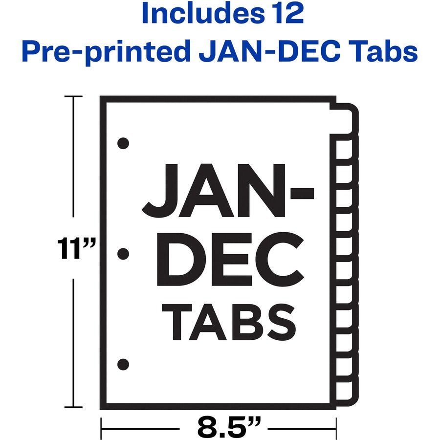 Avery® Preprinted Monthly Tabs Plastic Dividers - 12 x Divider(s) - Jan-Dec - 12 Tab(s)/Set - 8.5" Divider Width x 11" Divider Length - 3 Hole Punched - Multicolor Plastic Divider - Multicolor Plastic Tab(s) - 12 / Set