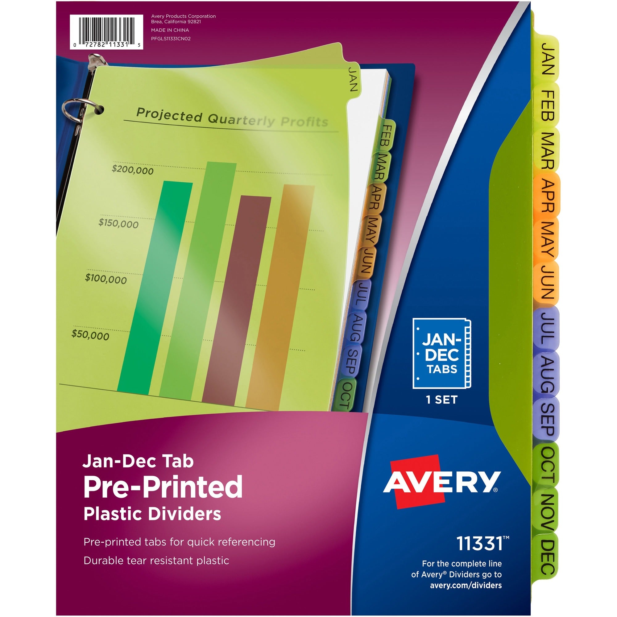 Avery® Preprinted Monthly Tabs Plastic Dividers - 12 x Divider(s) - Jan-Dec - 12 Tab(s)/Set - 8.5" Divider Width x 11" Divider Length - 3 Hole Punched - Multicolor Plastic Divider - Multicolor Plastic Tab(s) - 12 / Set
