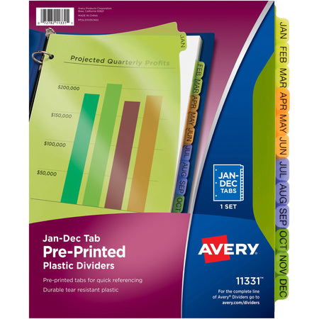 Avery® Preprinted Monthly Tabs Plastic Dividers - 12 x Divider(s) - Jan-Dec - 12 Tab(s)/Set - 8.5" Divider Width x 11" Divider Length - 3 Hole Punched - Multicolor Plastic Divider - Multicolor Plastic Tab(s) - 12 / Set