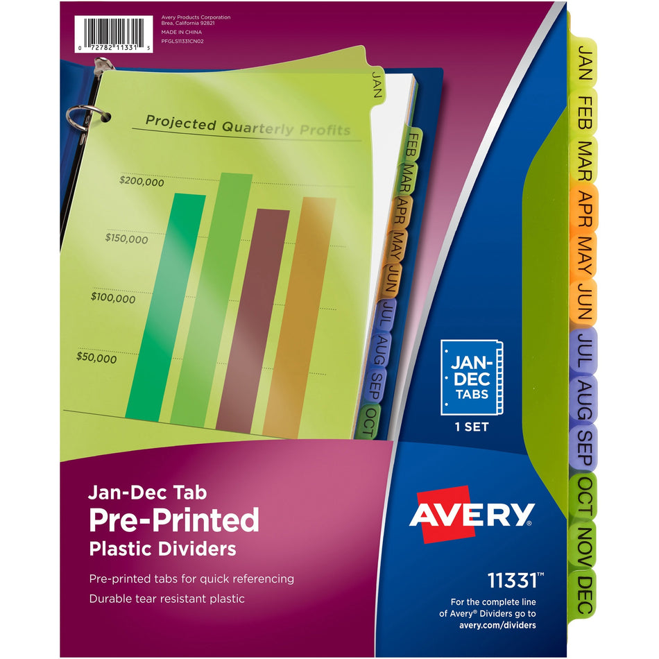 Avery® Preprinted Monthly Tabs Plastic Dividers - 12 x Divider(s) - Jan-Dec - 12 Tab(s)/Set - 8.5" Divider Width x 11" Divider Length - 3 Hole Punched - Multicolor Plastic Divider - Multicolor Plastic Tab(s) - 12 / Set